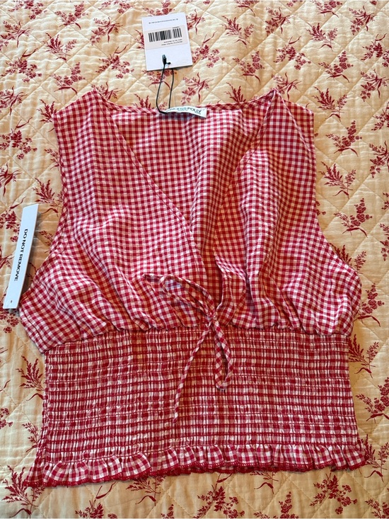 Princess Polly Tops - Princess Polly Red Gingham Smocked V-Neck Crop Top